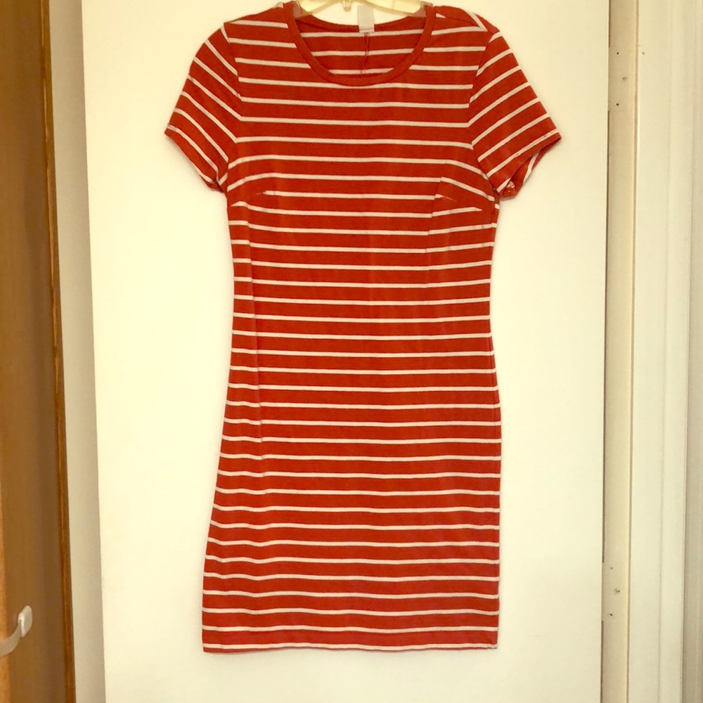 Old Navy coral and white strip bodycon mini dress
